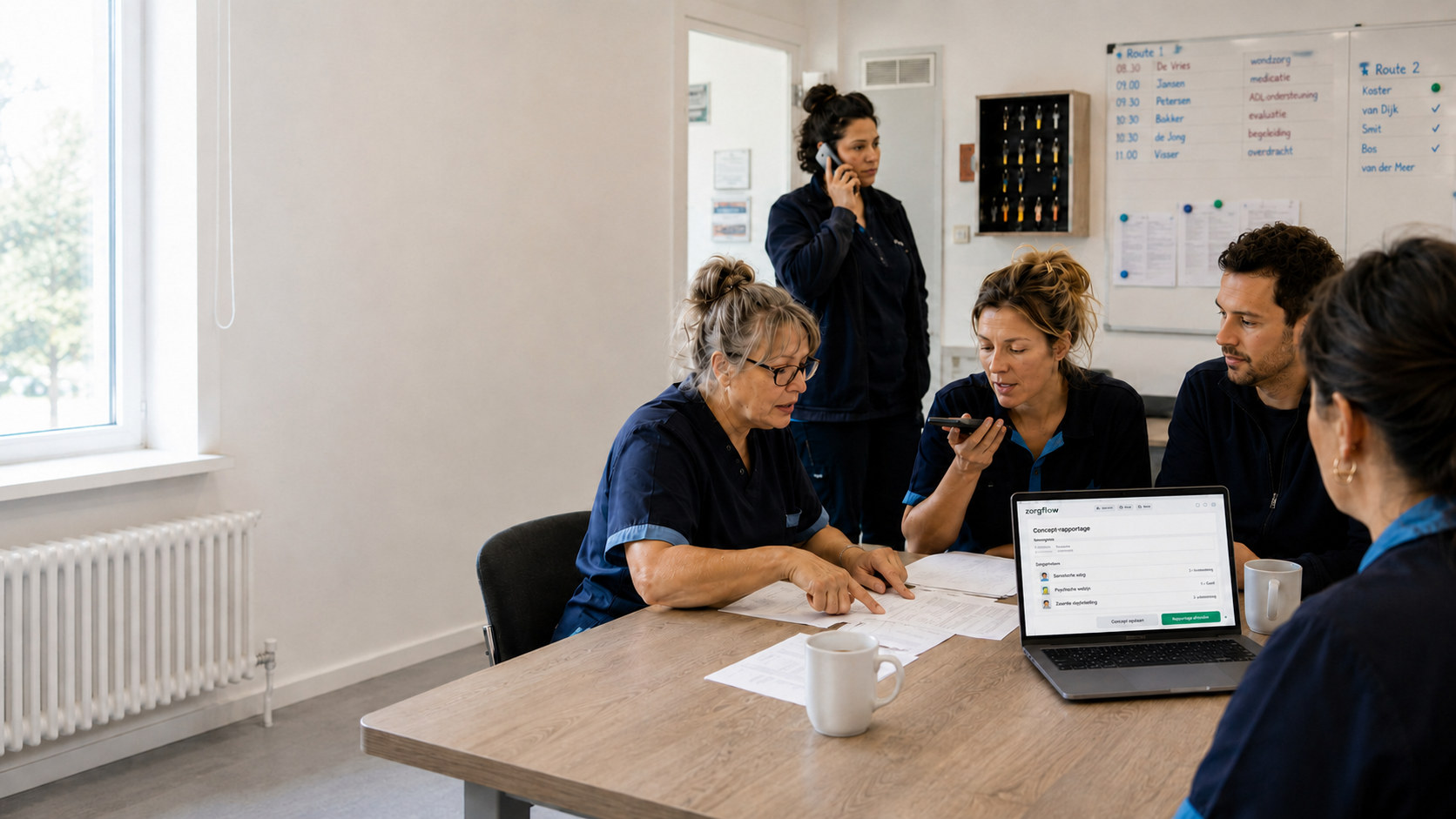Zorgteam kijkt samen naar een concept-rapportage op een laptop, terwijl een collega een cliëntcontact inspreekt op haar telefoon